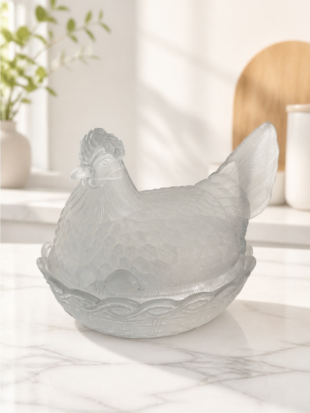 Vintage Clear with Uranium Green Glass Hen on Nest Decorative Bird Dish - Picture 3 of 8
